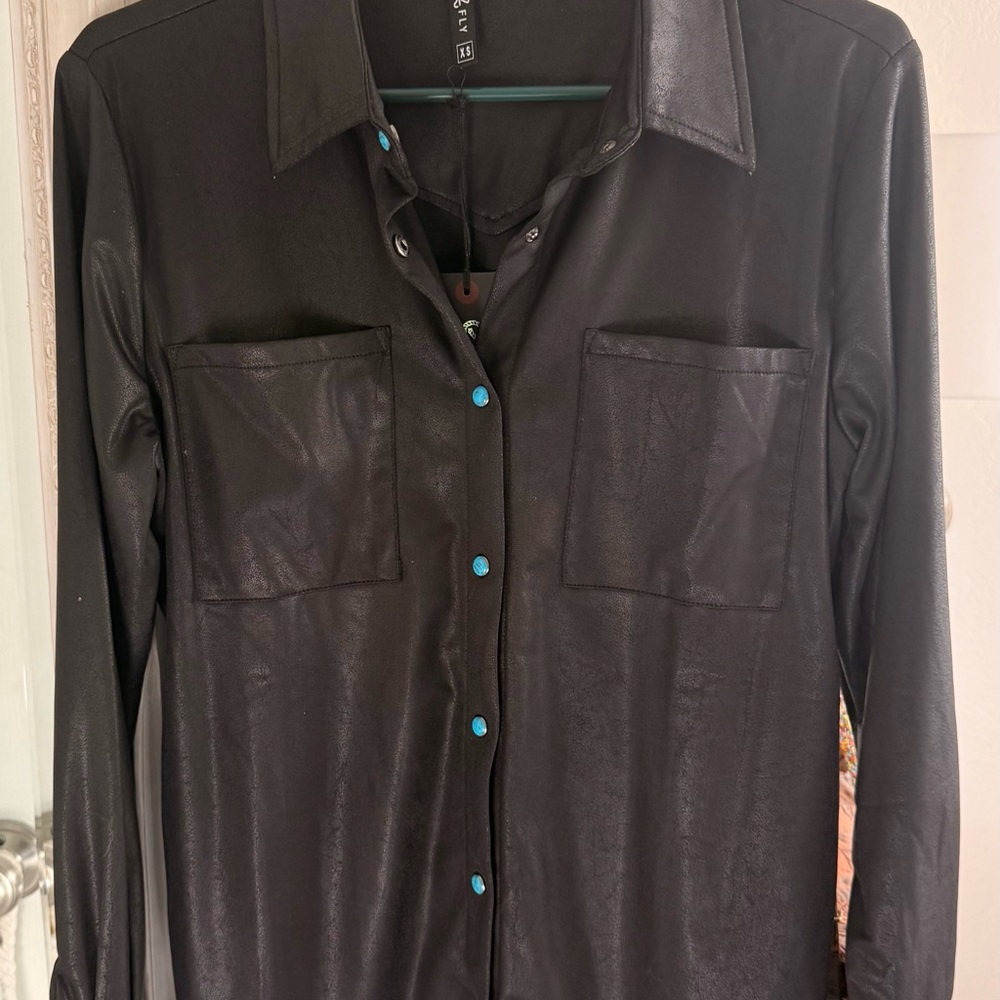 Black Leather Shirt with Turquoise Snap Accents - XS